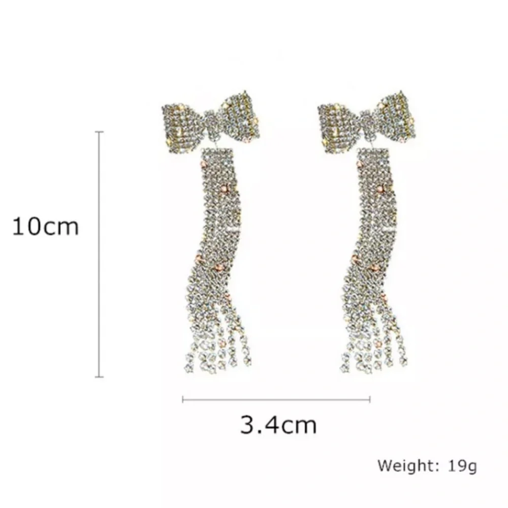 Silver Rhinestone Crystals Long Bowknot Earrings Bow